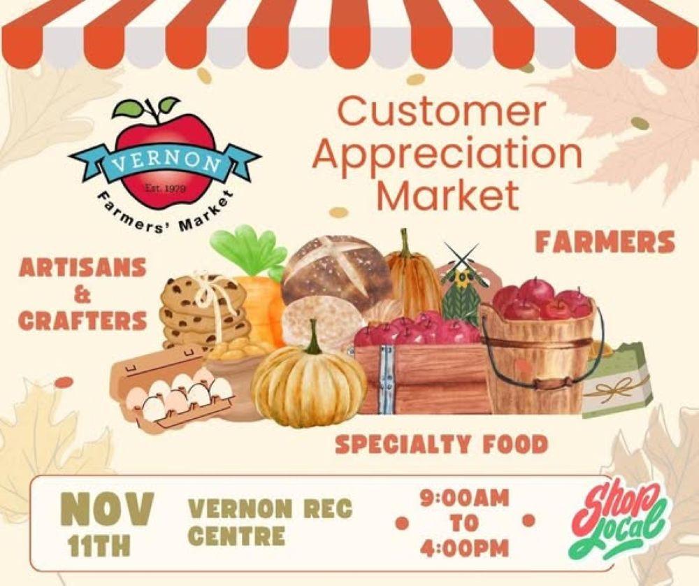 Farmers' market promo with bread, pumpkins, and apple logo.