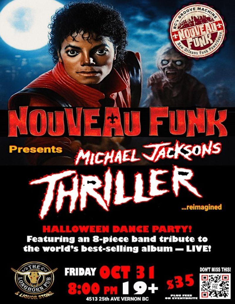 Michael Jackson in red jacket with zombie, promoting Thriller-themed Halloween event.