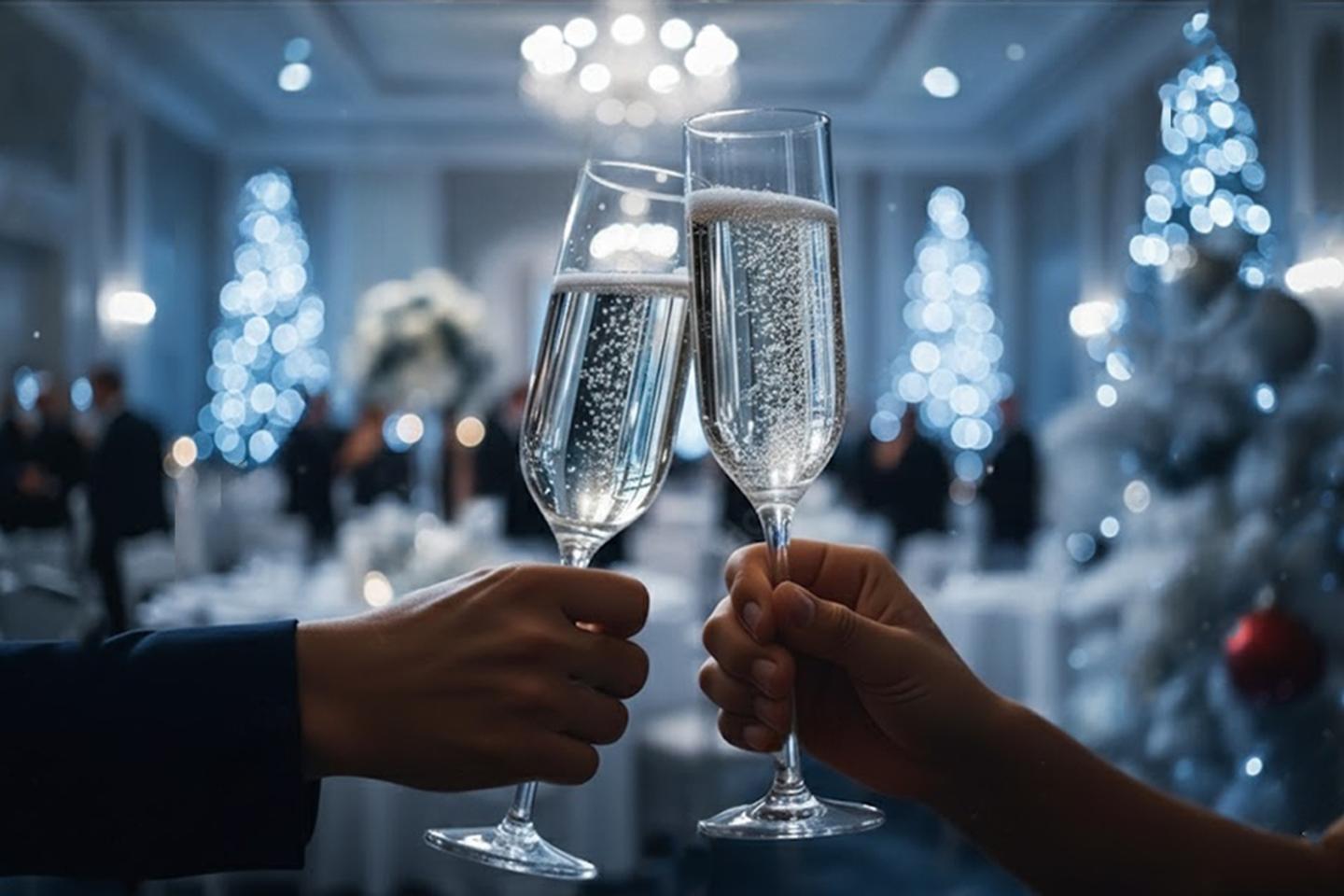 Three bottles of 50th Parallel Estate wine and a glass of red wine displayed beside festive ornaments, with text reading ‘Sparkling Hill Resort Winemaker’s Dinner – Dec 6, 2025 – In collaboration with 50th Parallel Estate