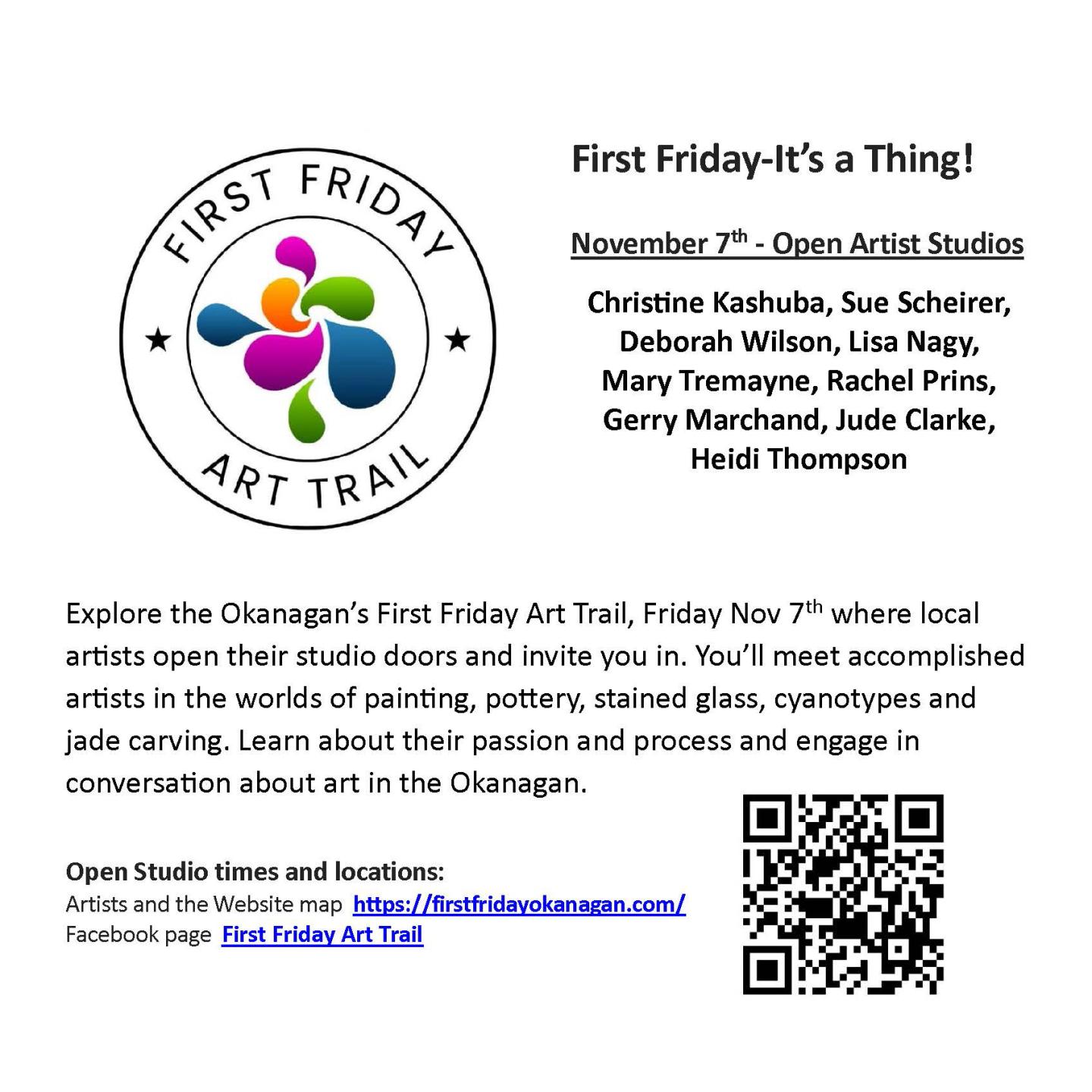First Friday Art Trail Nov 7 where local artists invite you to pop into their studios and see their work