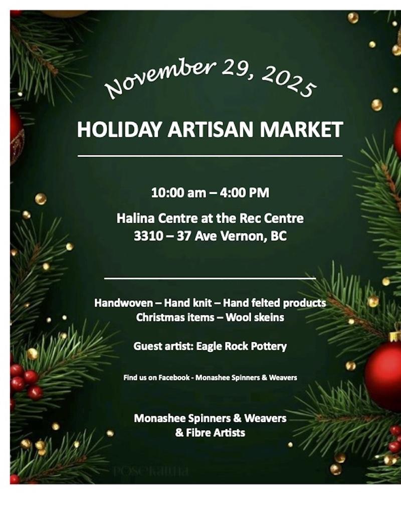 Holiday market flyer with pine branches and red baubles; details in white text.