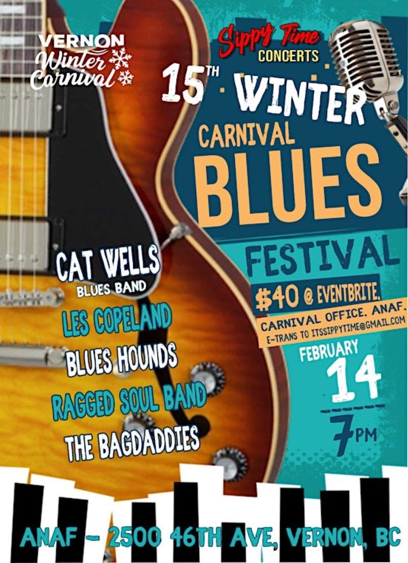 15th Winter Carnival Blues Festival poster with guitar and microphone graphics.