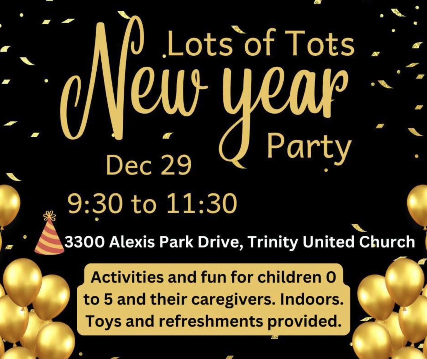 New Year event flyer with gold balloons and confetti.