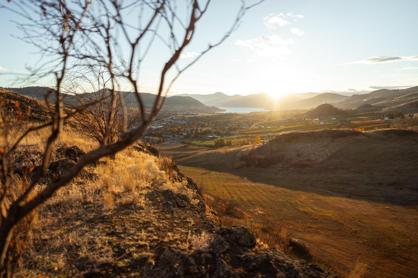 Sunset over a valley with hills and a distant lake, foreground branches silhouetted.