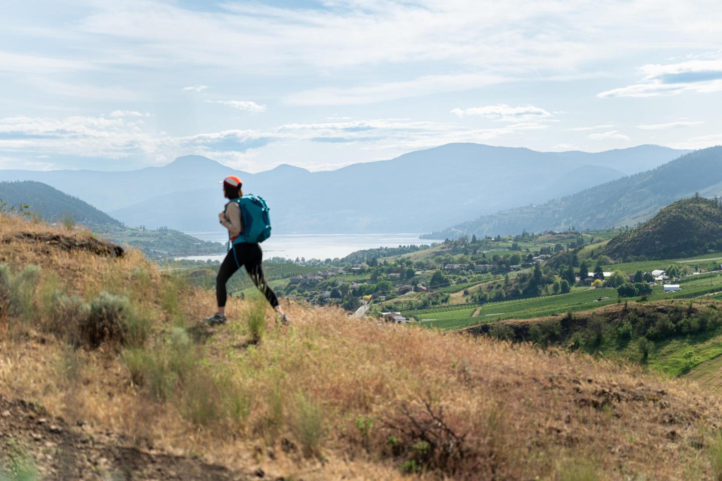 Person jogging on a hillside trail, scenic valley view in the background.