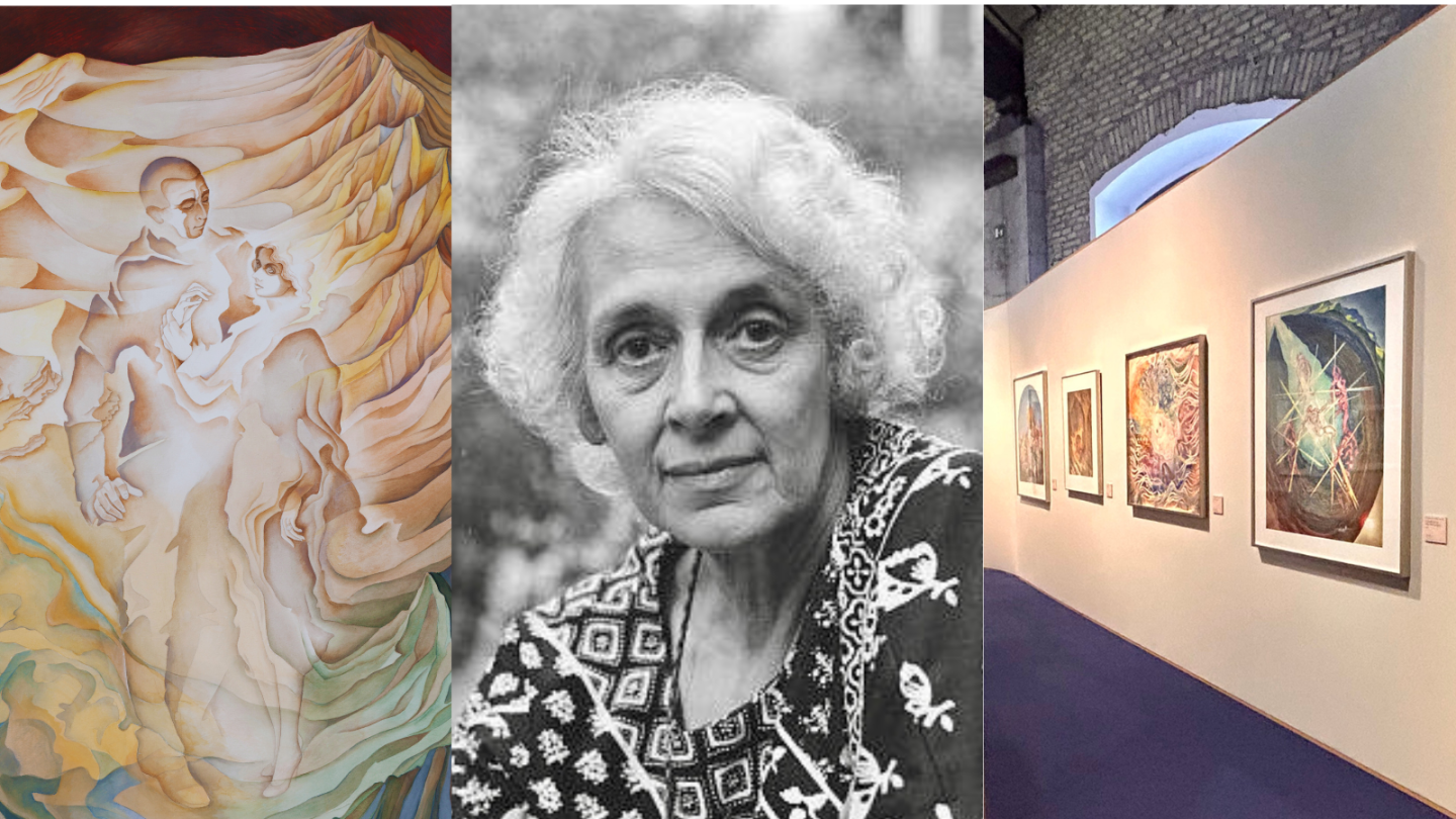 Image of Sveva Caetani with her painting, Their World, from Recapitulation and display of Recapitulation works from the MAXXI Museum in Rome, Italy.