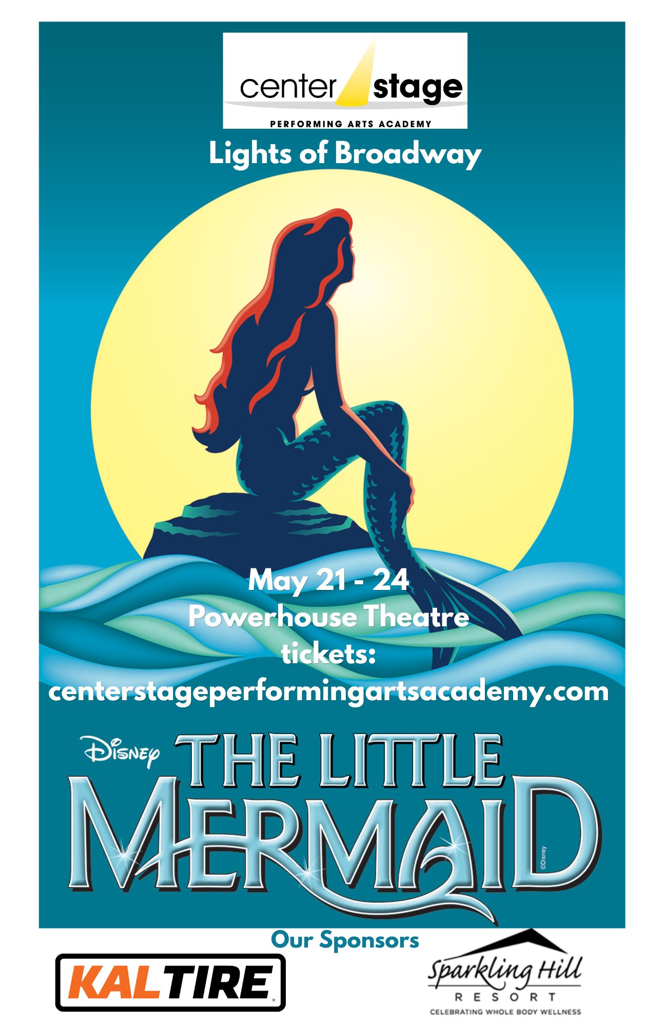 Event poster featuring a graphic of Ariel, The Little Mermaid, and details on dates, venue, and ticket info.