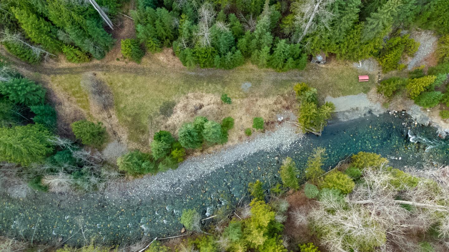 Aerial view of a forest with a winding river.