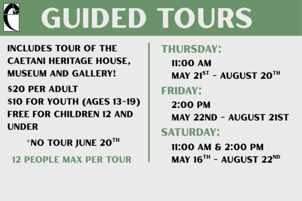 Guided Tours schedule and pricing details with days and times.