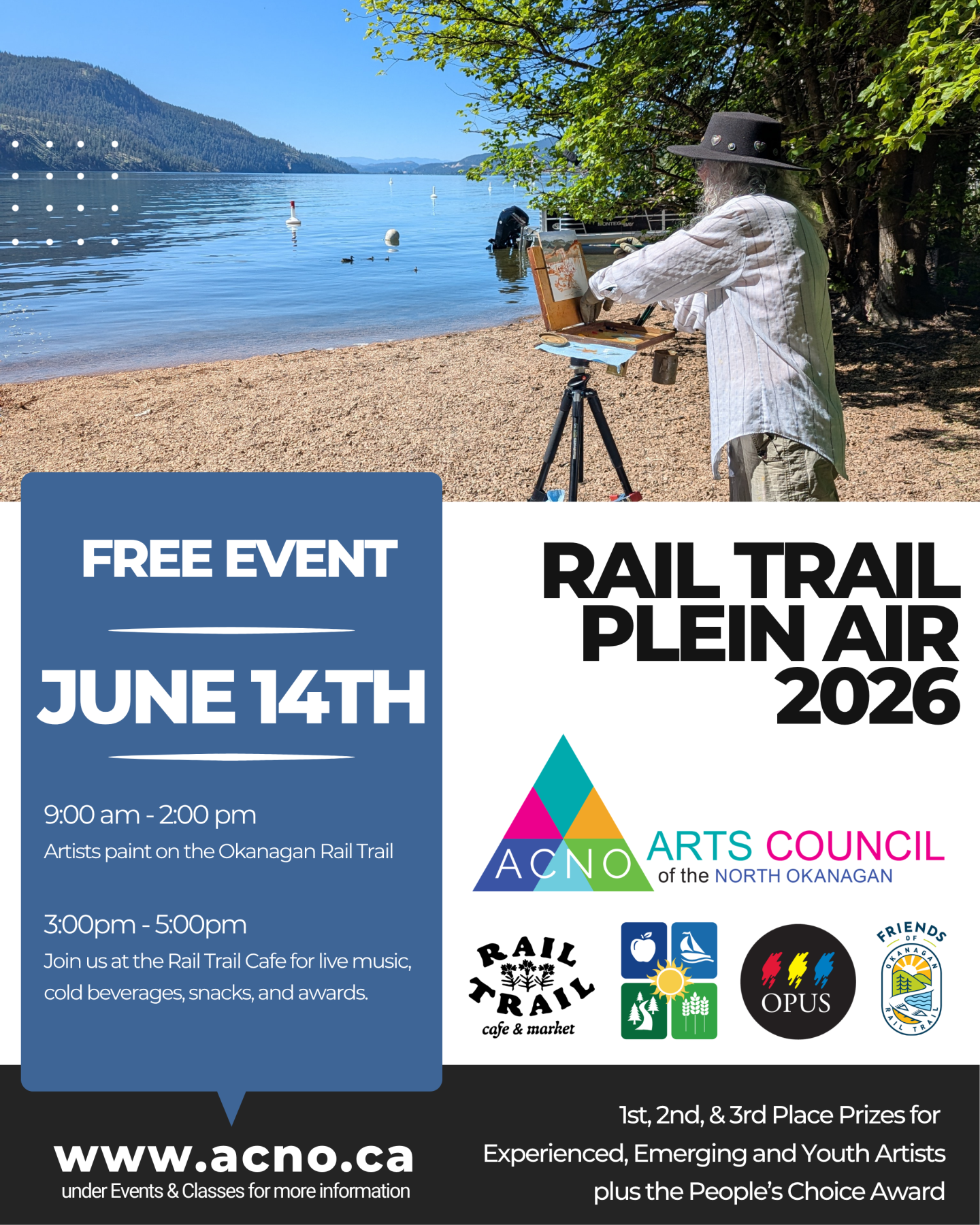 Arts Council of the North Okanagan poster for their Rail Trail Plein Air 2026 featuring an artist painting by a lake with mountains. Includes June 14 event times, Rail Trail Café gathering details, and sponsor logos for Rail Trail Café, RDNO, OPUS Art Supplies, and Friends of the Okanagan Rail Trail.