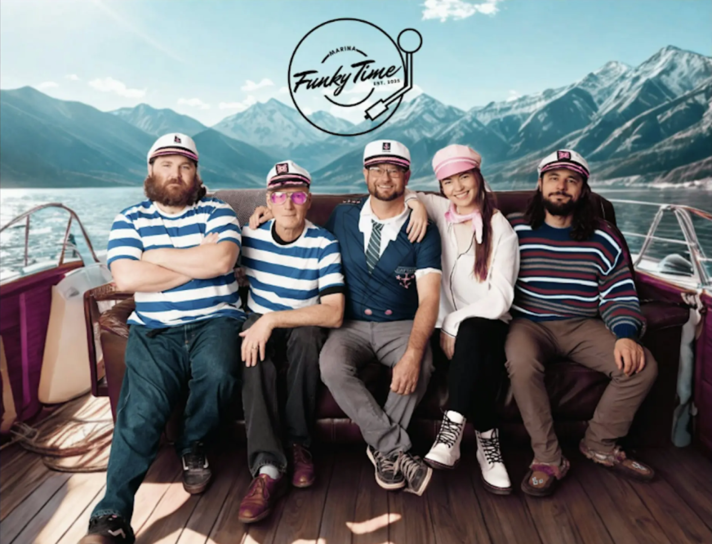 Group on a boat with mountains in the background, all wearing caps and relaxed expressions.