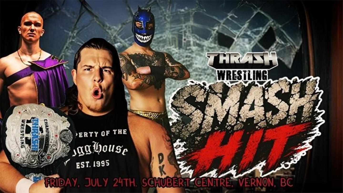 Thrash Wrestling event poster with three wrestlers and text "Smash Hit."