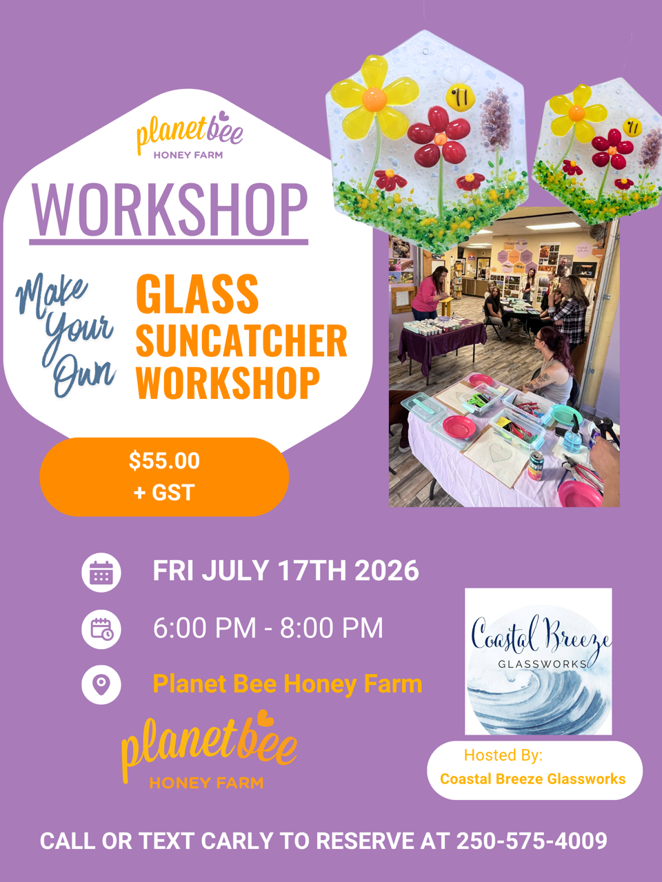 Glass suncatcher workshop flyer with bright flowers and event details.