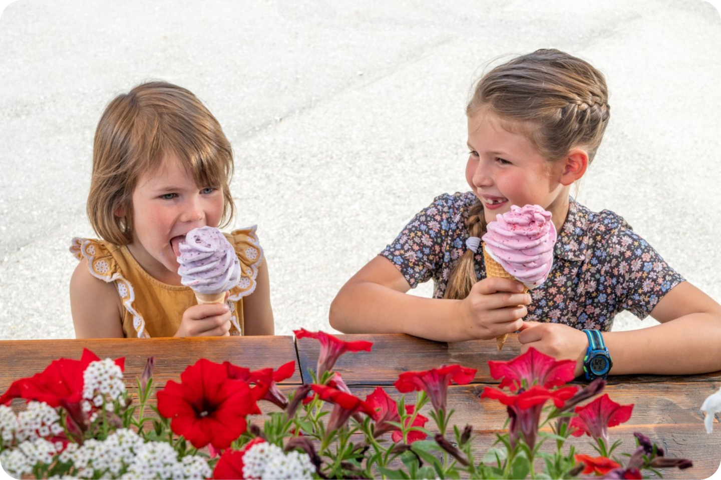 Two children enjoy ice cream cones behind a flower-filled planter.