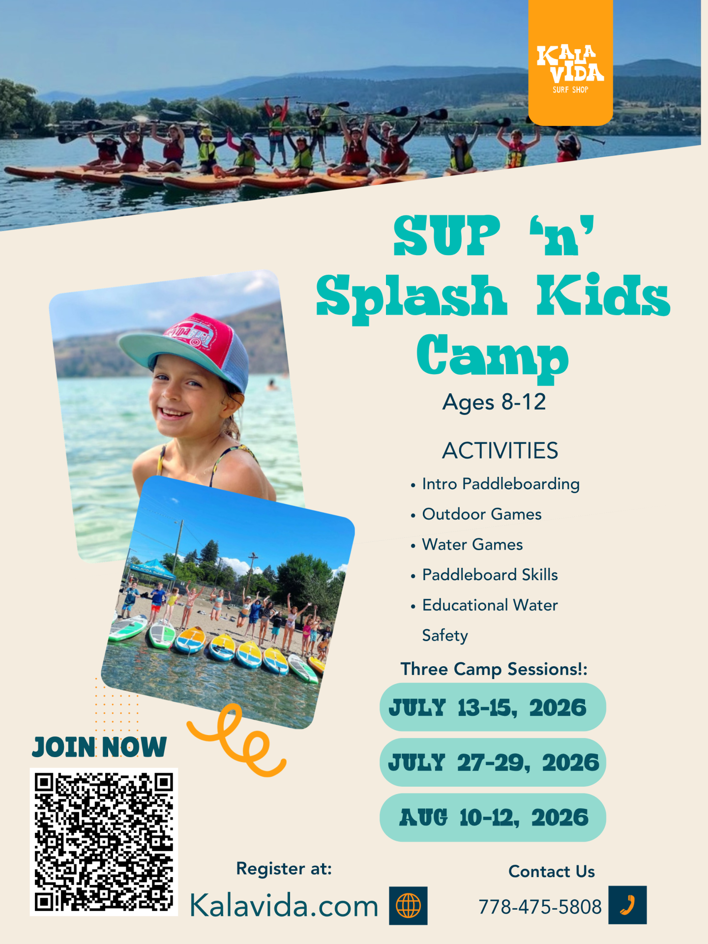 SUP 'n' Splash Kids Camp poster with lake photos and camp details.