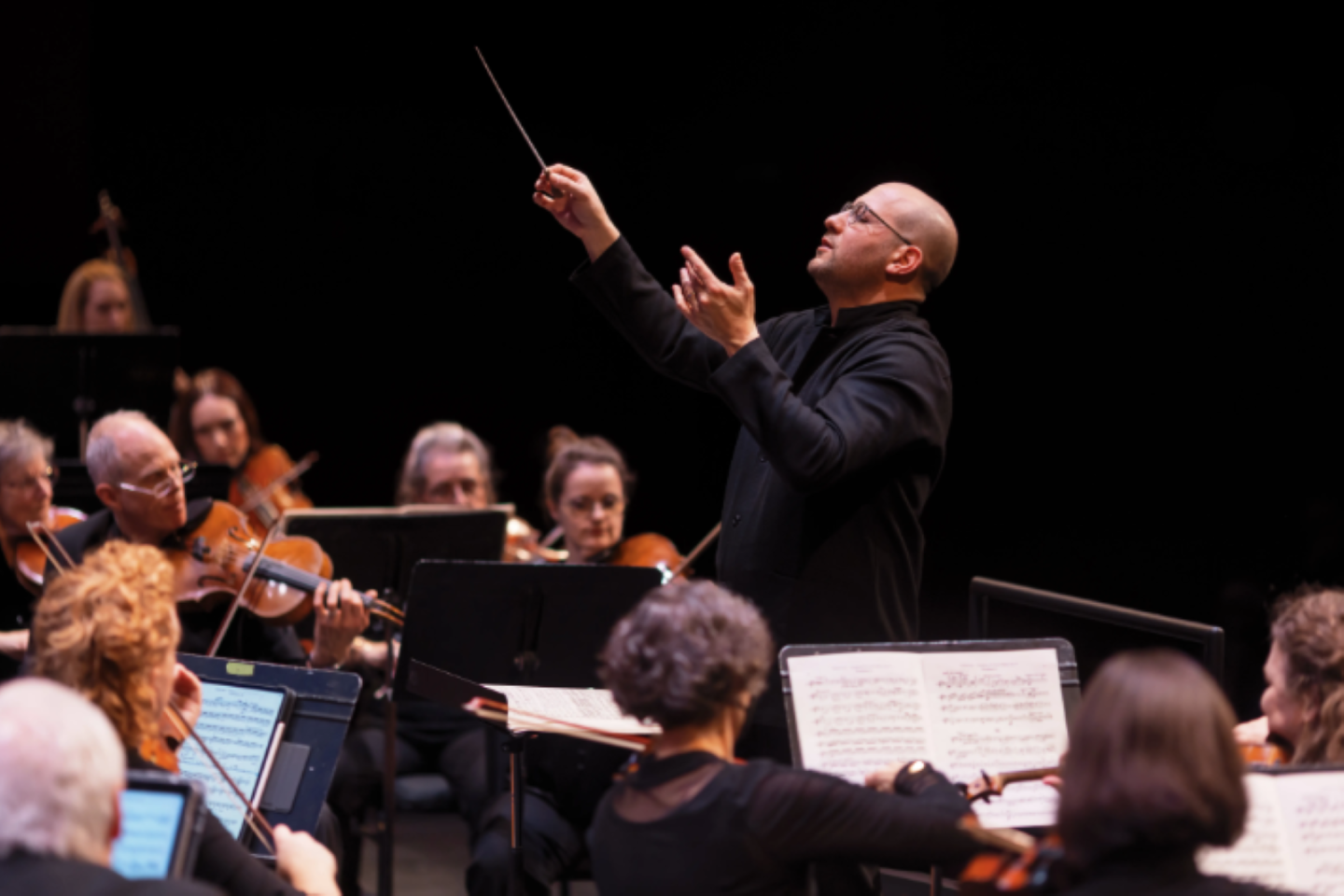 Conductor leading an orchestra, musicians focused on instruments.