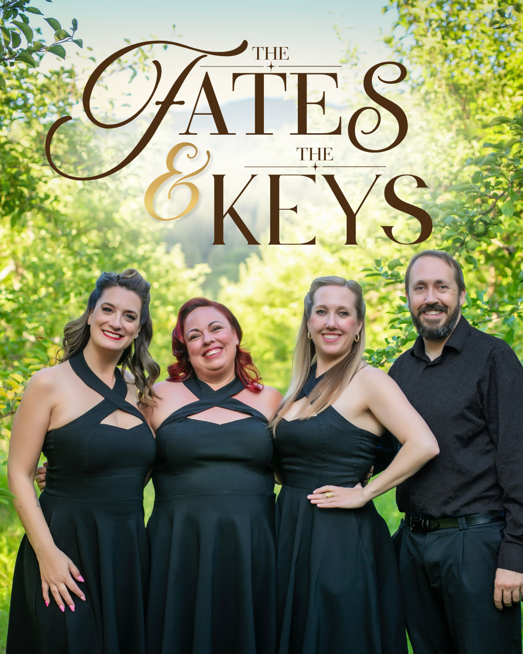 4 Musicians together in an orchard with text