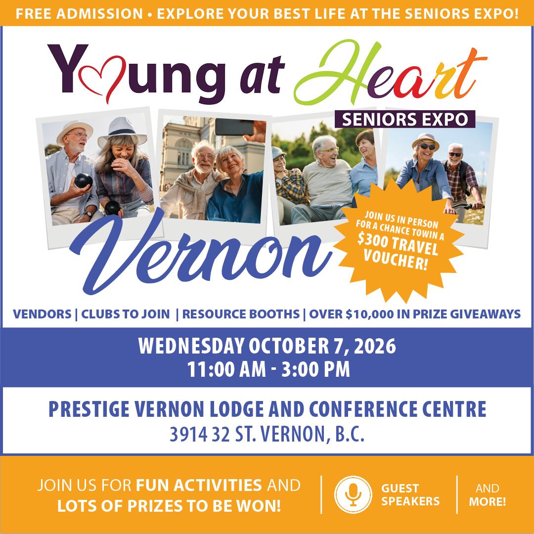 Young at Heart Seniors Expo flyer with event details and pictures of happy seniors.
