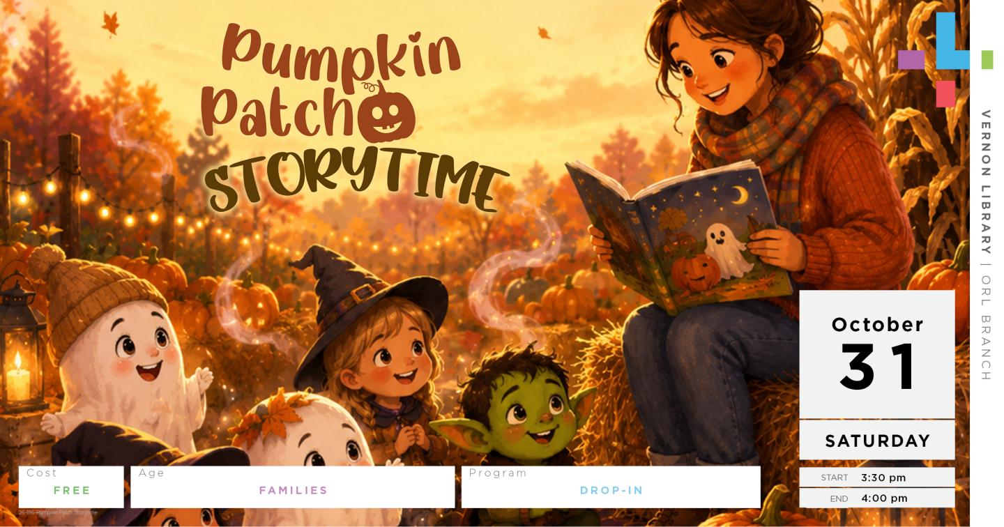 A woman reads to children in costume, Pumpkin Patch Storytime is displayed in the sky