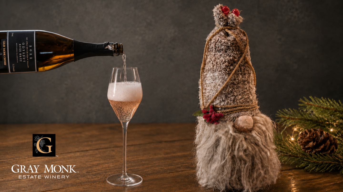 gray monk sparkling rose wine being poured into a sparkling glass. On the right is an example of a Christmas Gnome that you would make in the class.