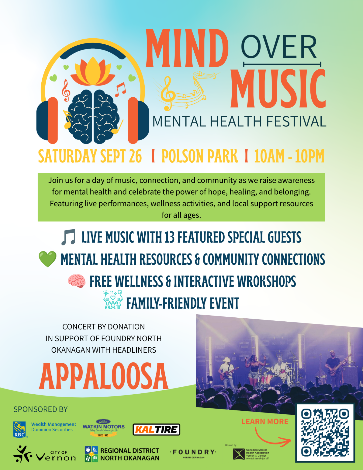 Mind Over Music Mental Health Festival is a new, vibrant community event that brings people together through the power of music, connection, and mental health awareness. Featuring live performances, wellness activities and workshops, and local community resources, the festival creates a welcoming space to spark conversations, reduce stigma, and promote emotional well-being.