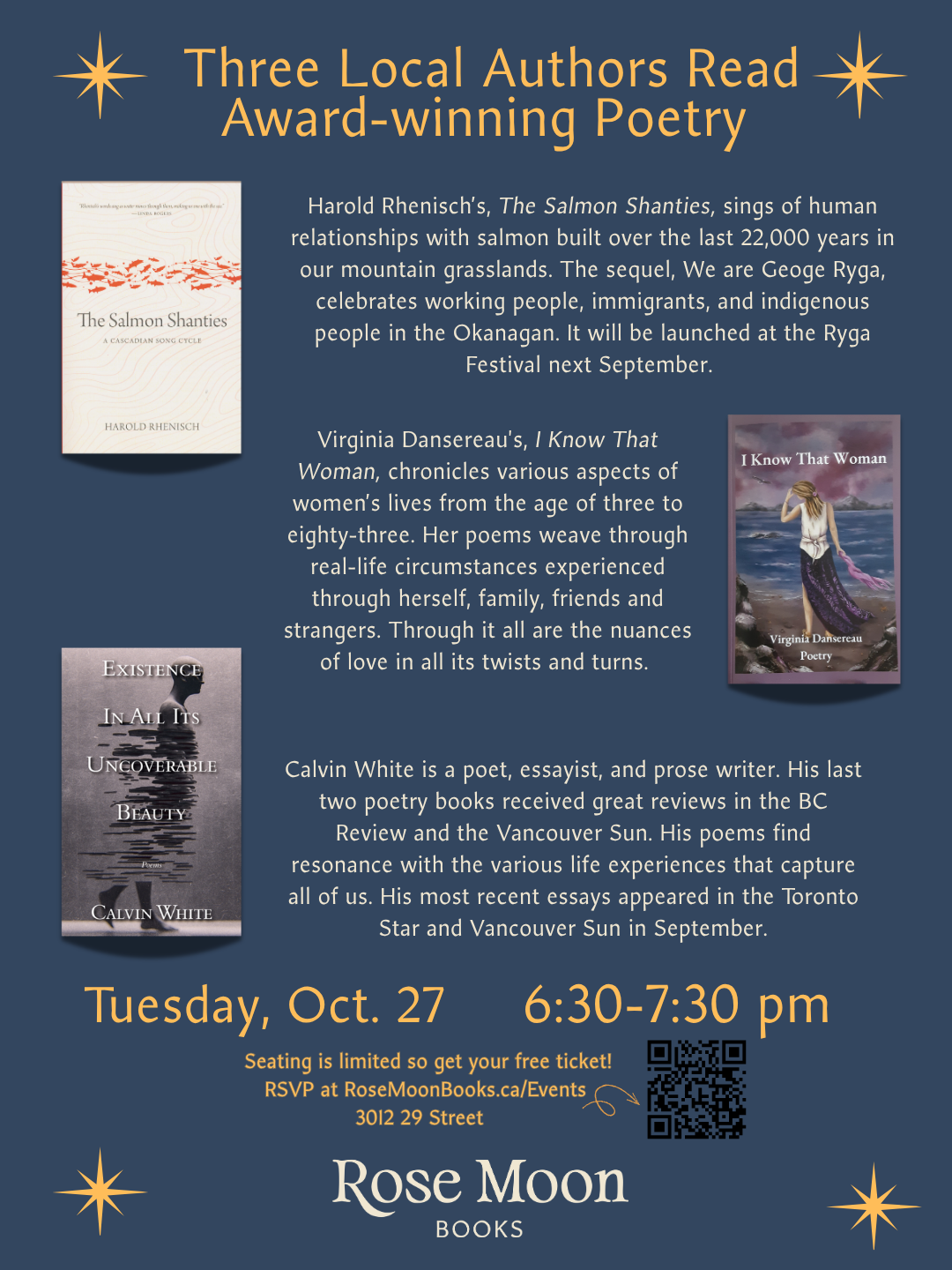 Poetry reading at Rose Moon Books by three local authors reading their award winning poetry!