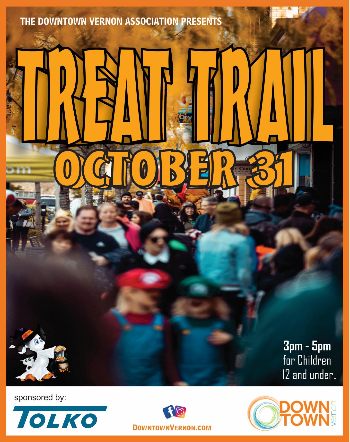 Treat Trail October 31 festival poster with a crowd scene.