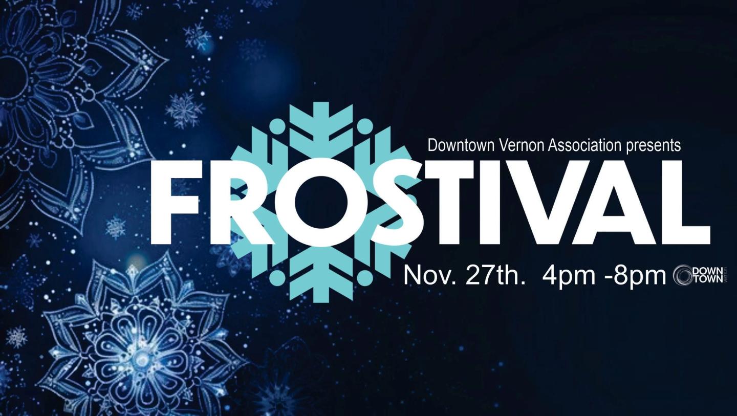 Frostival event graphic with snowflakes, Nov. 27, 4–8 PM, BNB.