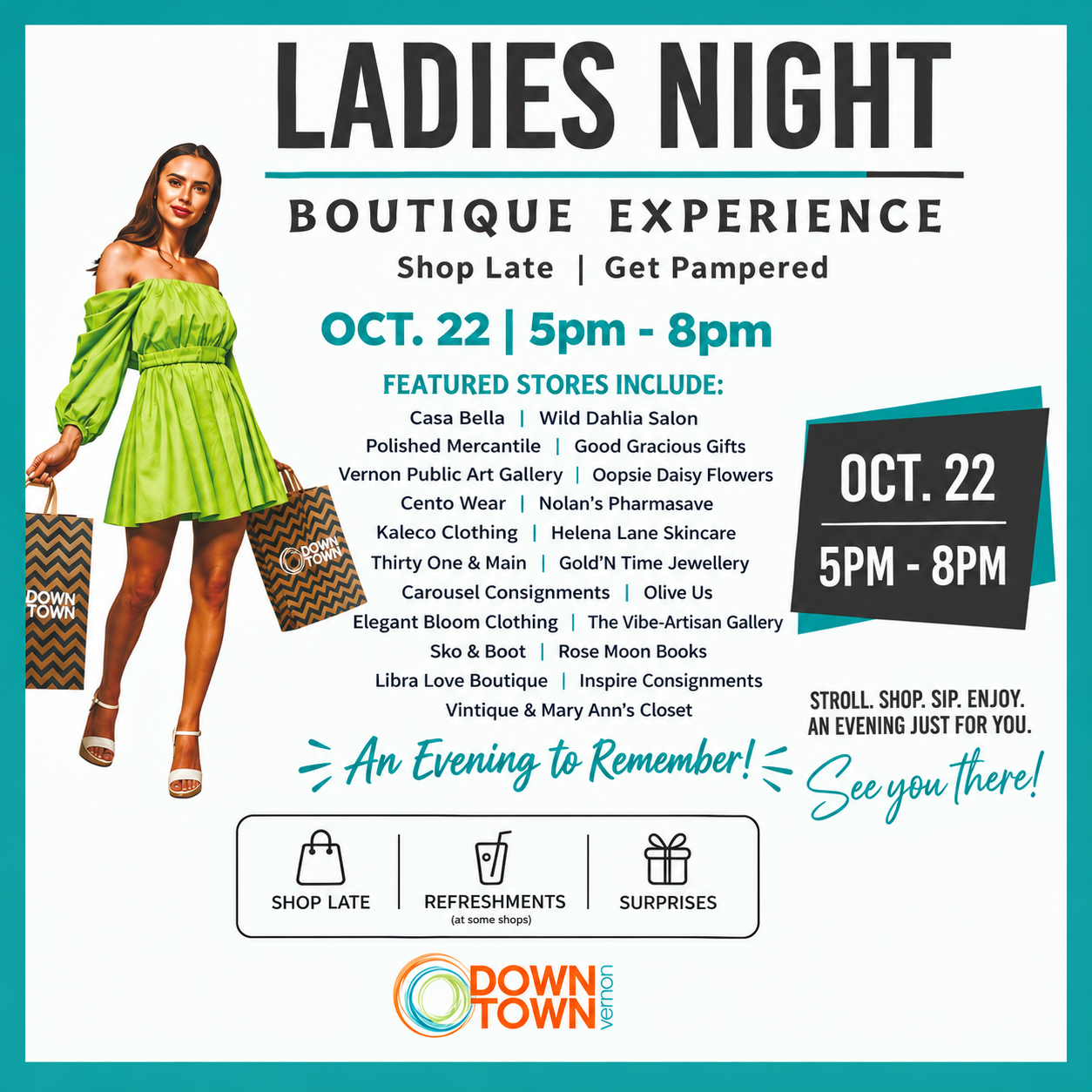 Ladies Night boutique experience flyer with fashion model, date October 22, 5–8 PM.