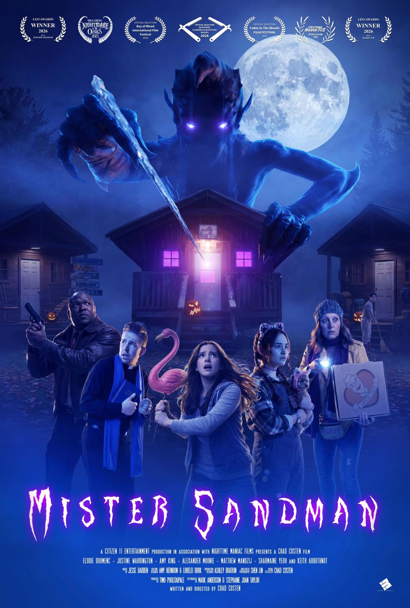 Poster for "Mister Sandman" featuring a looming blue figure over a haunted house and teens.