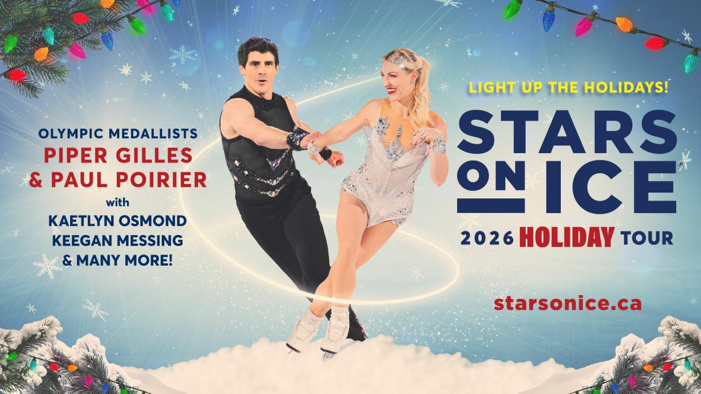 “Stars on Ice” 2026 holiday tour poster with skaters on a pale blue background.