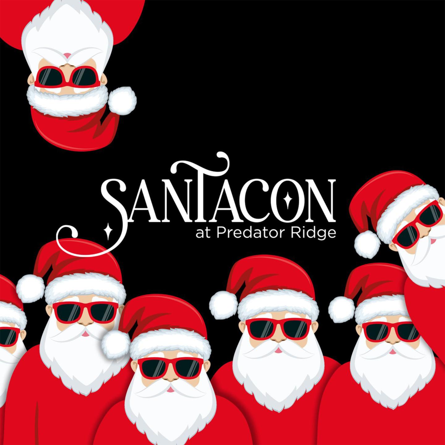 Five Santas in sunglasses surround the “SANTACON at Predator Ridge” logo.
