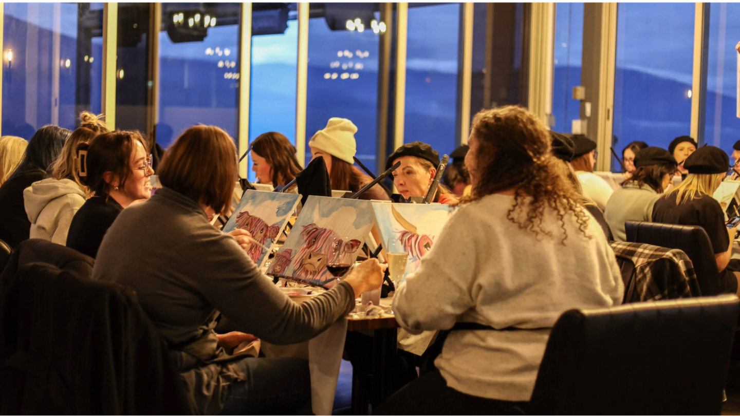 a group of women painting in the Lookout Restaurant at Gray Monk